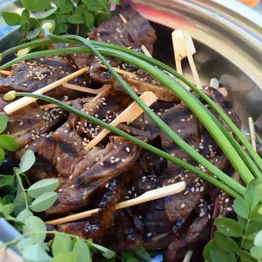 A picture of delicious kalbi beef skewers